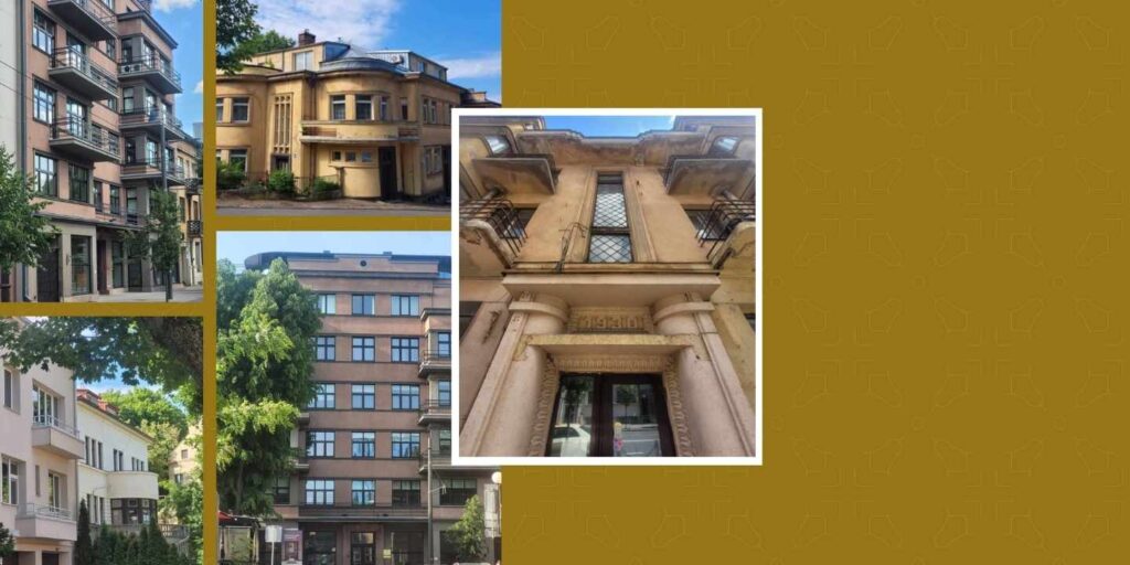 nuotraukų koliažas ant garstyčių spalvos fono, pristatantis įvairią Kauno architektūrą, nuo modernizmo iki tarpukario pastatų detalių